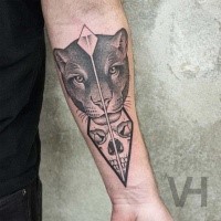 Accurate painted designed by Valentin Hirsch forearm tattoo of panther and human head
