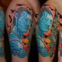 Accurate painted movie like colored Avatar heroes tattoo on shoulder combined with military helicopters