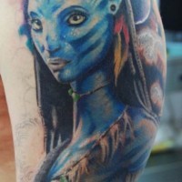 Accurate painted multicolored Avatar tribal woman hero tattoo