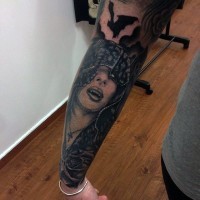 Accurate painted mystical black ink vampire woman tattoo on arm