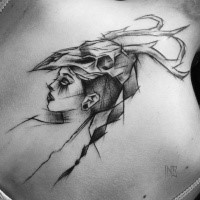 Accurate painted sketch style painted by Inez Janiak tattoo of ancient woman with skull helmet