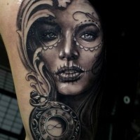 Adorable day of the dead girl with clock tattoo