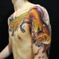 Adorable red fox tattoo on arm and chest tattoo by Gakkin