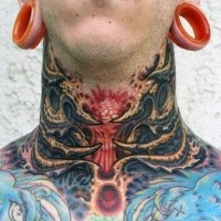 Alien like colored neck tattoo