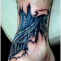 Alien style cartoon like colored mechanic tattoo on ankle