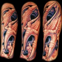 Alien style designed colored bones like tattoo on arm