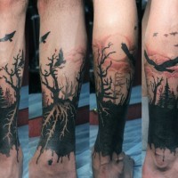 Amazing black trees and swooping birds tattoo on leg