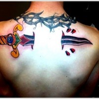Amazing dagger pierces skin tattoo on back