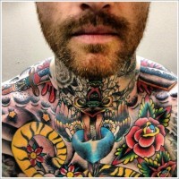Amazing daggers pierce skin tattoo on neck
