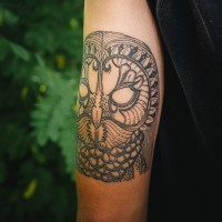 Tatuaje en el brazo, cabeza de lechuza