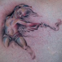 Amazing watercolor cherub with a gun tattoo