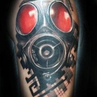 Amazing 3D style colored shoulder tattoo of gas mask