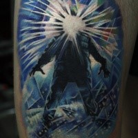 Amazing abstract style colored thigh tattoo of human figure with big blast