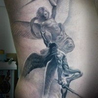 Amazing battle of angels tattoo on ribs