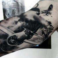 Amazing black and white WW2 fighter planes tattoo on arm