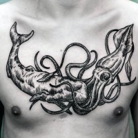 Amazing black ink detailed squid fighting the wale tattoo on chest