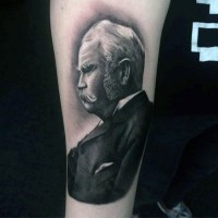 Amazing black ink realistic man portrait tattoo on arm