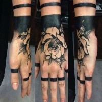 Amazing blackwork style wrist tattoo of detailed rose with black lines
