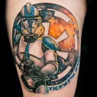 Amazing colored big Storm trooper tattoo on thigh stylized with Empire emblem
