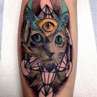 Amazing colored leg tattoo of mysterious cat with eye