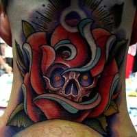 Amazing colored neck tattoo of rose with human skull