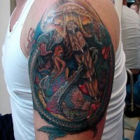Amazing colored shoulder tattoo of various under water fishes and octopus