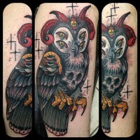 Amazing colored very detailed arm tattoo of mystical creepy owl