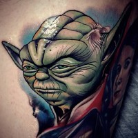 Amazing comic book style colored angry Yoda portrait tattoo