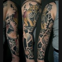 Amazing designed colored sleeve tattoo of caracal with geometrical figures