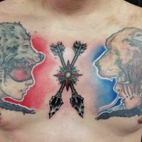 Amazing designed multicolored various tribal women with arrows tattoo on chest