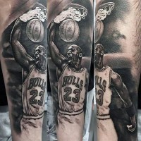Amazing detailed black and white Air Jordan tattoo on leg
