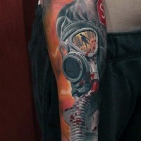 Amazing detailed multicolored forearm tattoo of bloody man in mask