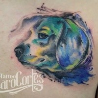 Amazing dog's portrait tattoo with colored paint drips by Caro Cortes in watercolor style