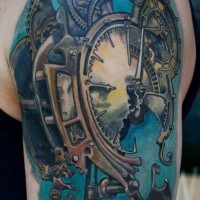 Amazing fantasy world like sampled clock tattoo on shoulder
