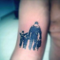 Amazing father with three little children black and white tattoo on arm
