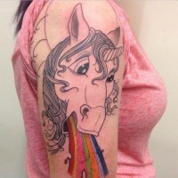 Amazing funny designed cartoon unicorn tattoo on shoulder with rainbow