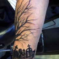 Amazing looking black ink forearm tattoo of lonely tree with dark cemetery