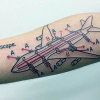 Amazing looking colored plane schematics tattoo on arm with lettering