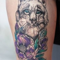 Amazing looking colored tattoo of sweet dog with flowers