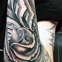 Amazing looking detailed colored flower shaped forearm tattoo of dollar bills