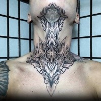 Amazing looking dot style black ink neck tattoo of large flowers