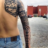 Amazing medieval armor like black and white tattoo on sleeve and shoulder