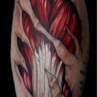 Amazing muscles and ligaments under skin rip tattoo on leg