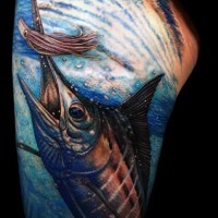 Amazing painted and colored realistic big ocean fish tattoo