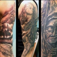 Amazing painted black and white detailed American naive western tattoo on half sleeve with Indian and dream catcher