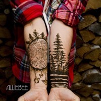Amazing painted detailed forest dedicated black ink tattoo on arms
