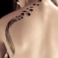 eccezionale inchiostro verniciato piuma e uccelli tatuaggio su spalla di ragazza