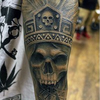 Amazing painted old tribal chief skull tattoo on arm