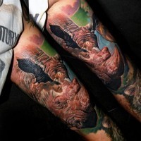 Erstaunliches realistisches farbiges detailliertes Ärmel Tattoo von Nashorn