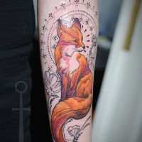Amazing style painted colored fox with flowers and ornaments tattoo on arm